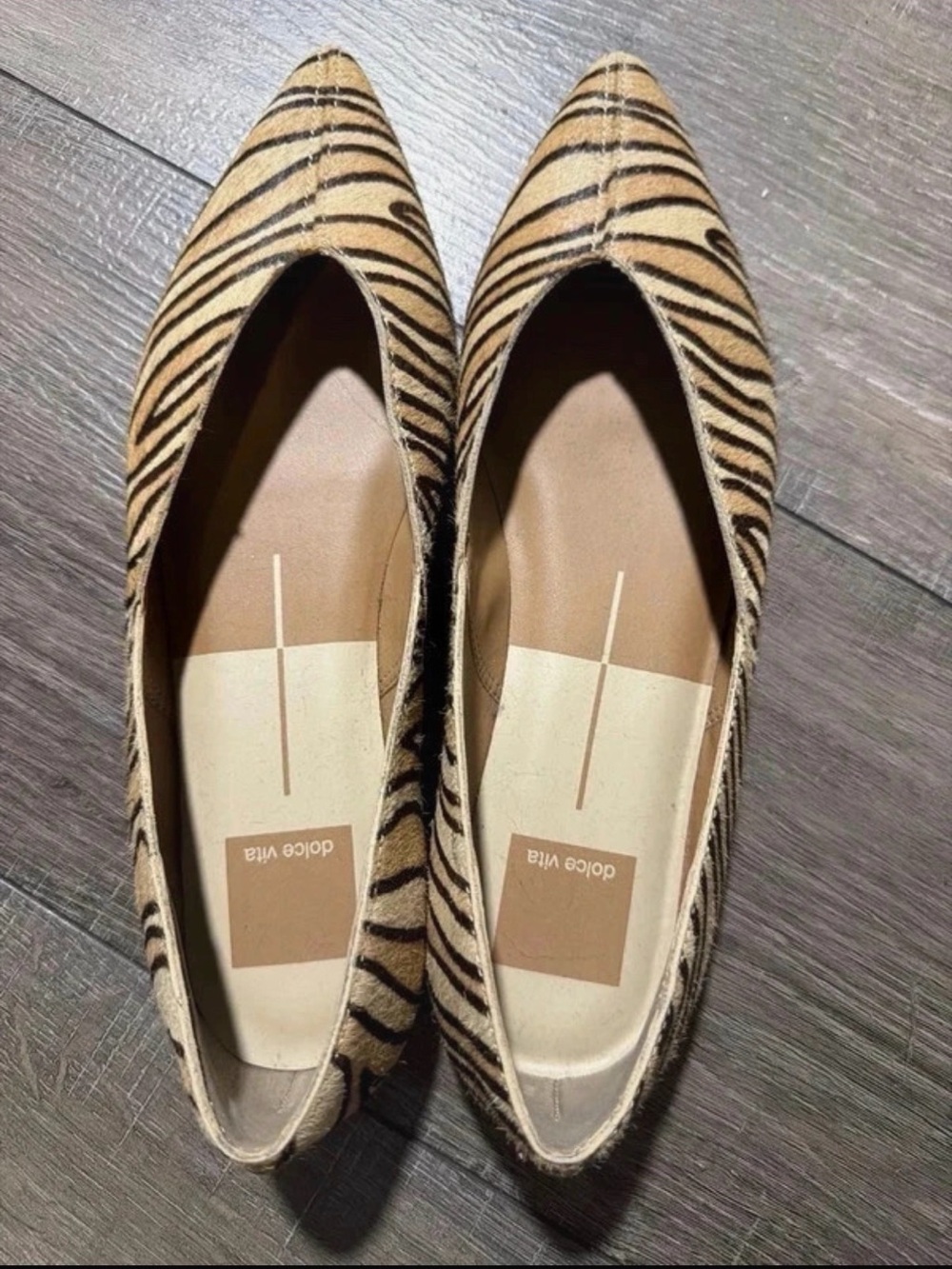 Dolce Vita Beige and Black Tiger-Print Pointed Toe Flats